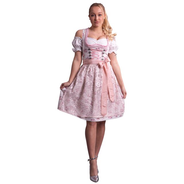 Dirndl Set Trachtenkleid 534GT Cremeweiß mit Rosa geblümt 42